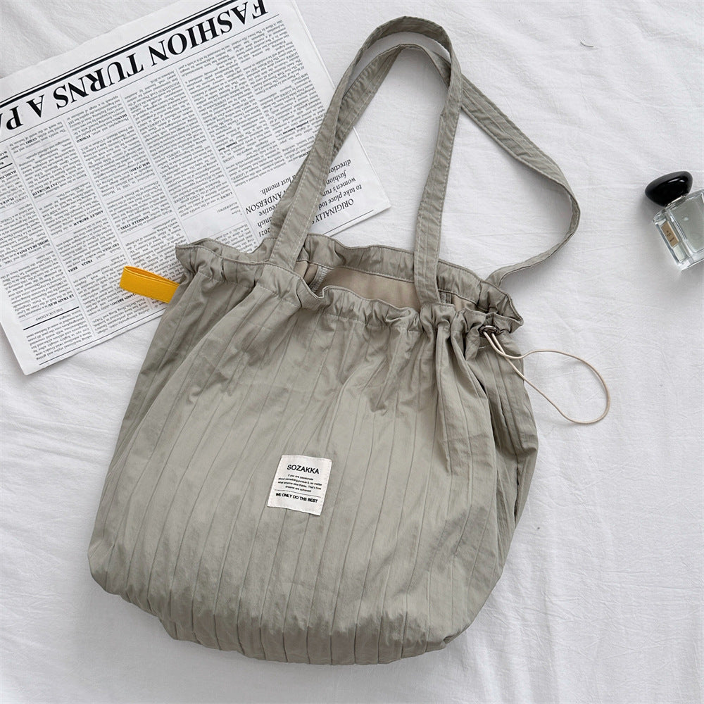 Striped Drawstring Shoulder Bag - Casual Tote