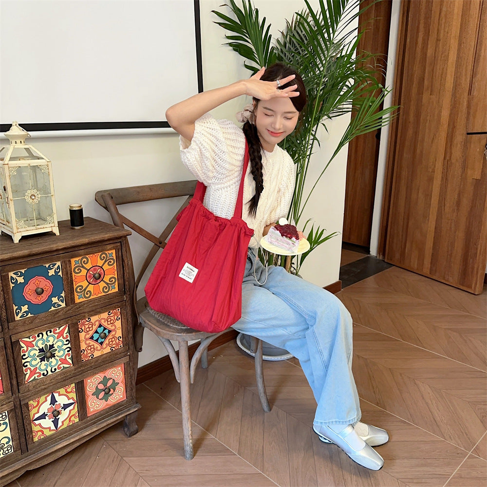 Striped Drawstring Shoulder Bag - Casual Tote