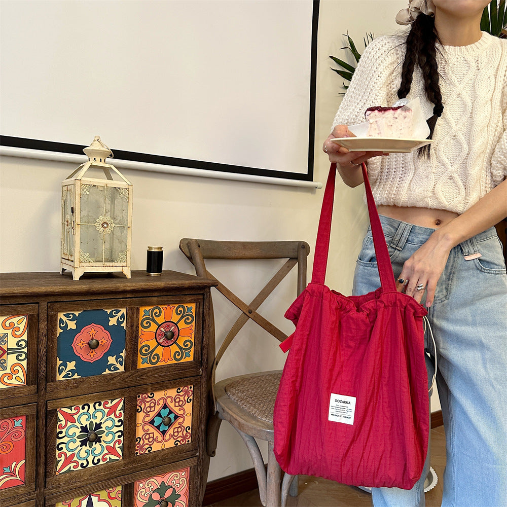 Striped Drawstring Shoulder Bag - Casual Tote