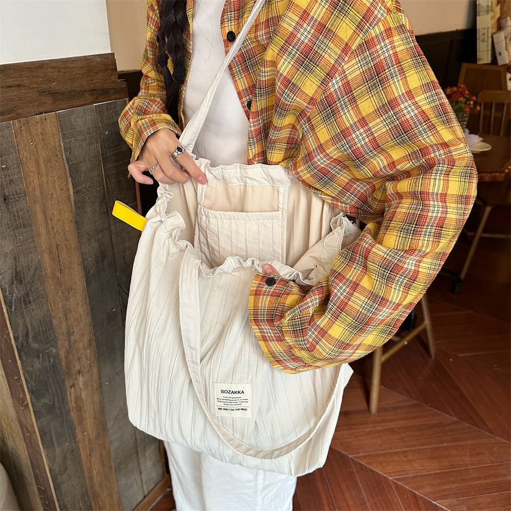 Striped Drawstring Shoulder Bag - Casual Tote