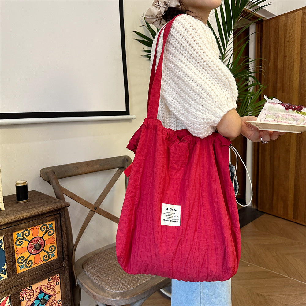 Striped Drawstring Shoulder Bag - Casual Tote