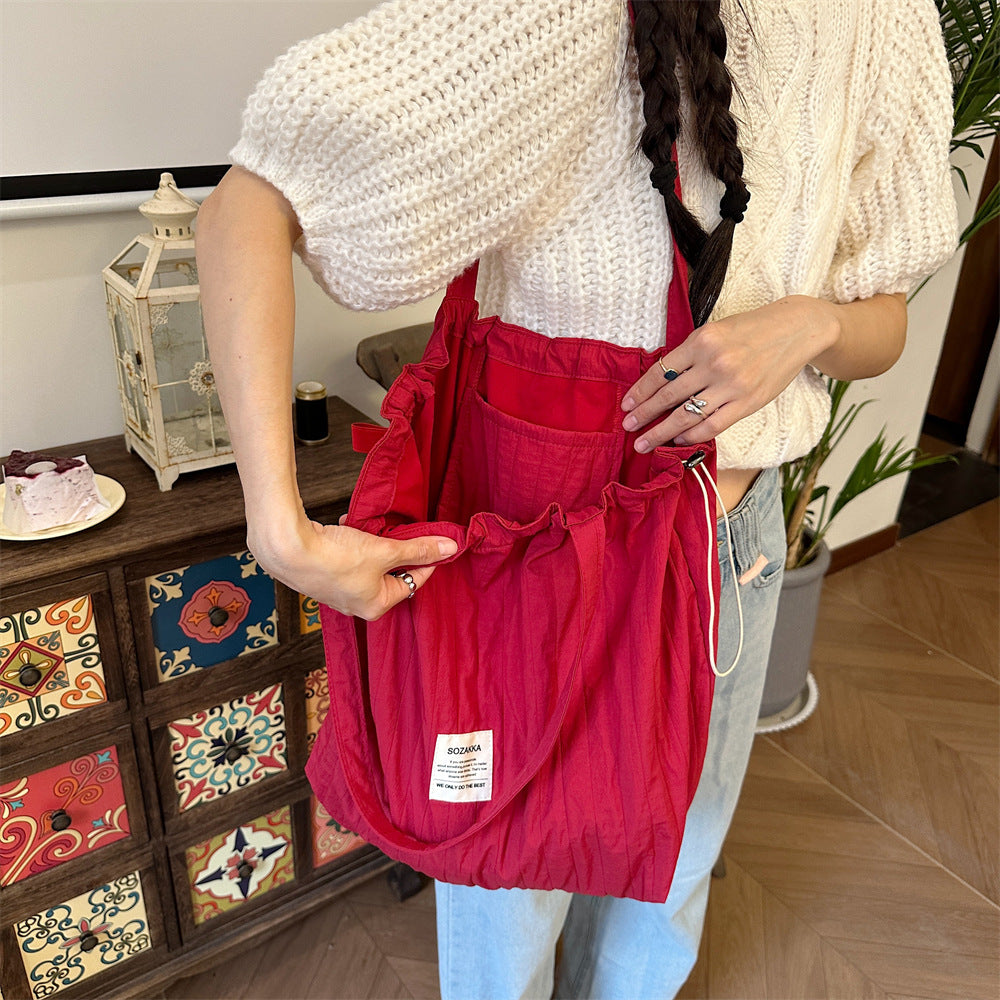 Striped Drawstring Shoulder Bag - Casual Tote
