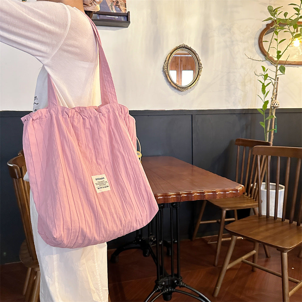Striped Drawstring Shoulder Bag - Casual Tote