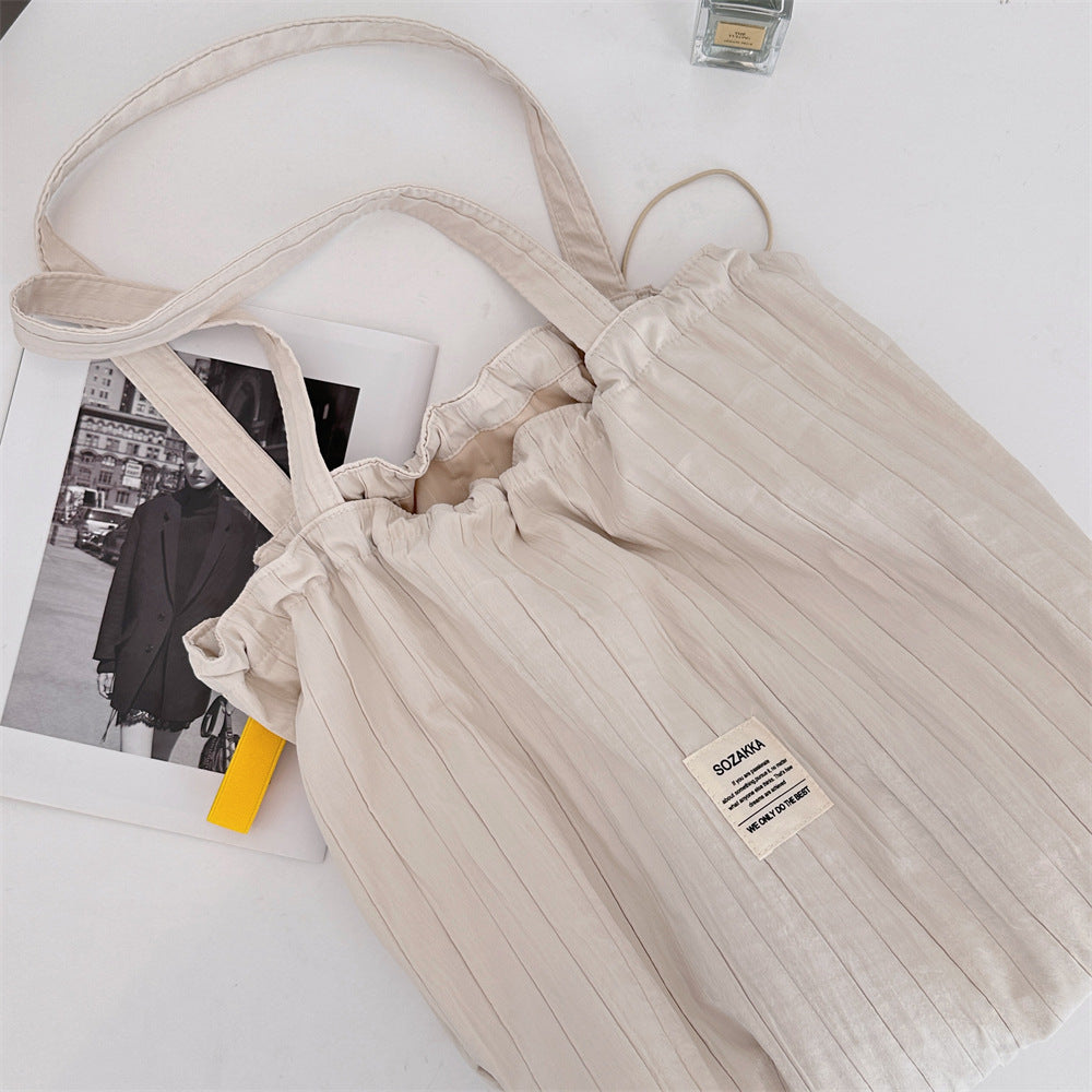 Striped Drawstring Shoulder Bag - Casual Tote