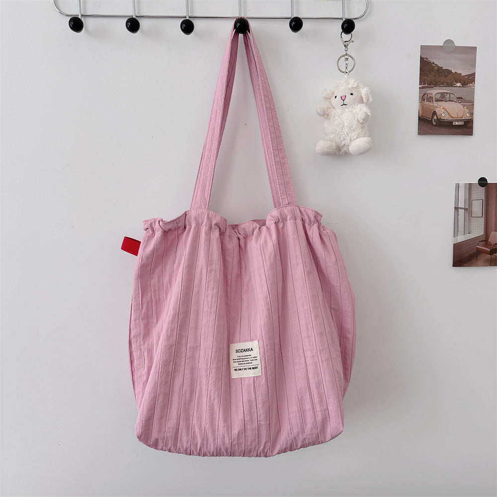 Striped Drawstring Shoulder Bag - Casual Tote