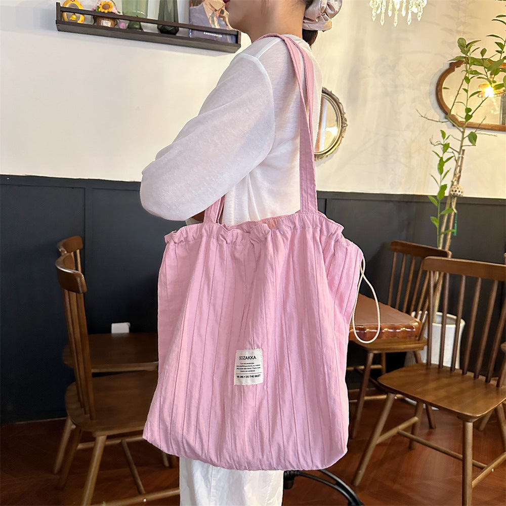 Striped Drawstring Shoulder Bag - Casual Tote