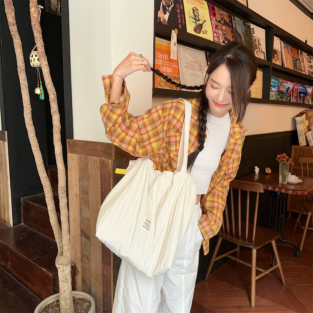 Striped Drawstring Shoulder Bag - Casual Tote